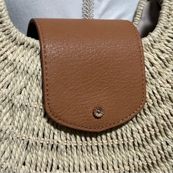 Lauren Conrad Natural Woven Straw Shoulder Bag Tan Faux Leather Flap Purse - Picture 2 of 6